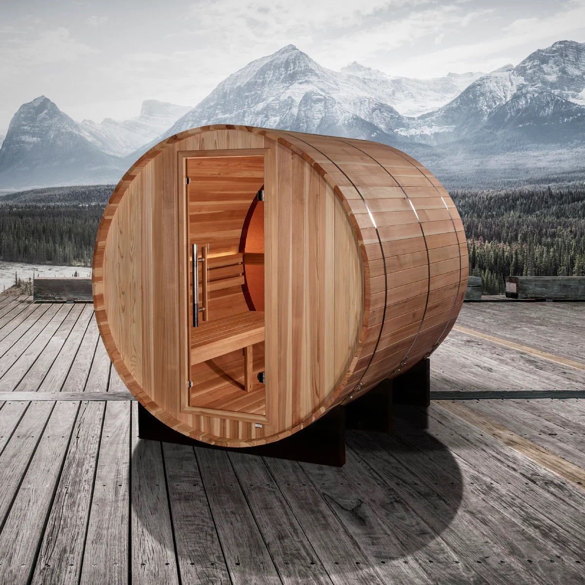 Acrylic Back Wall Golden Designs "Zurich" 4 person Barrel with Bronze Privacy View - Traditional Sauna - Pacific Cedar