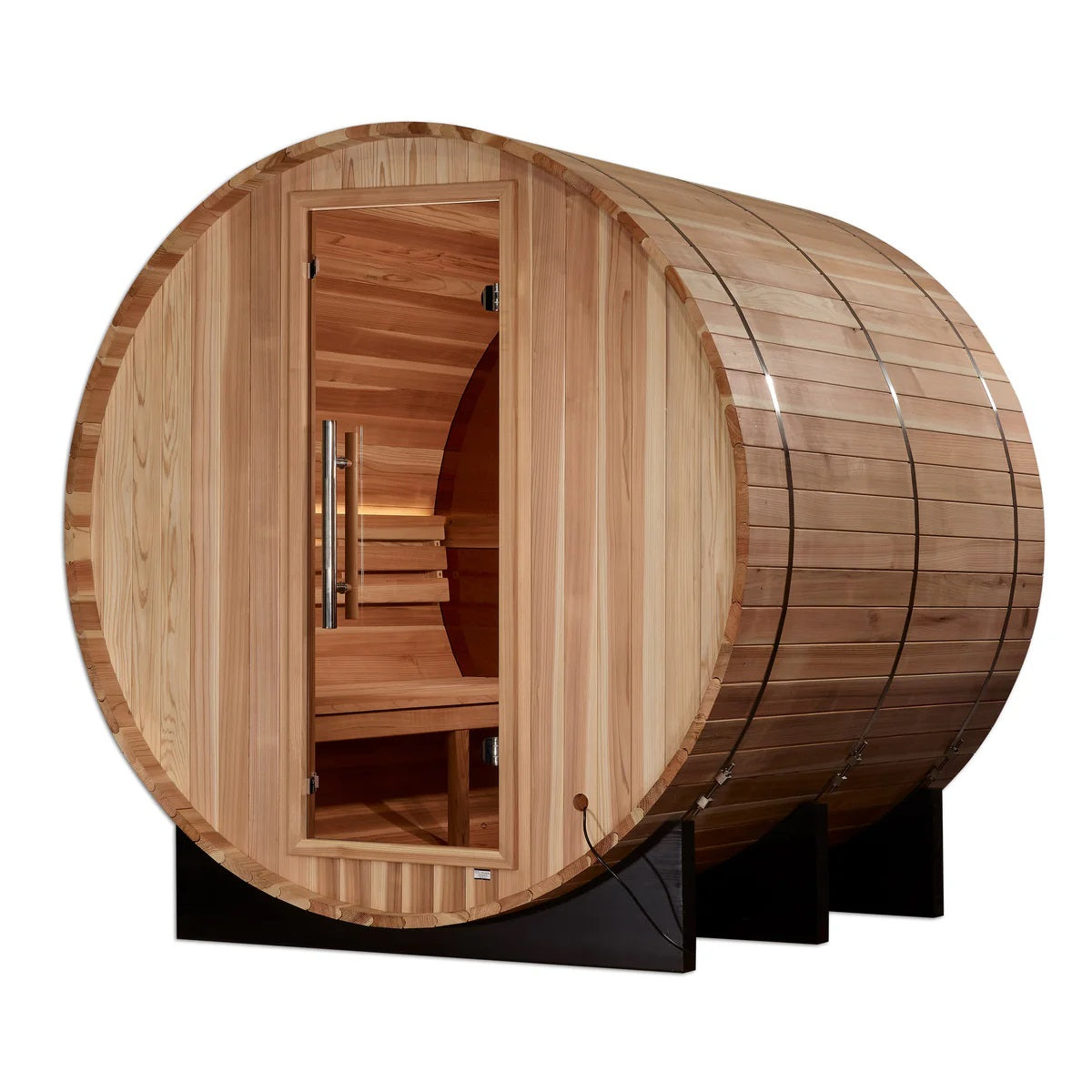 Acrylic Back Wall Golden Designs "Zurich" 4 person Barrel with Bronze Privacy View - Traditional Sauna - Pacific Cedar