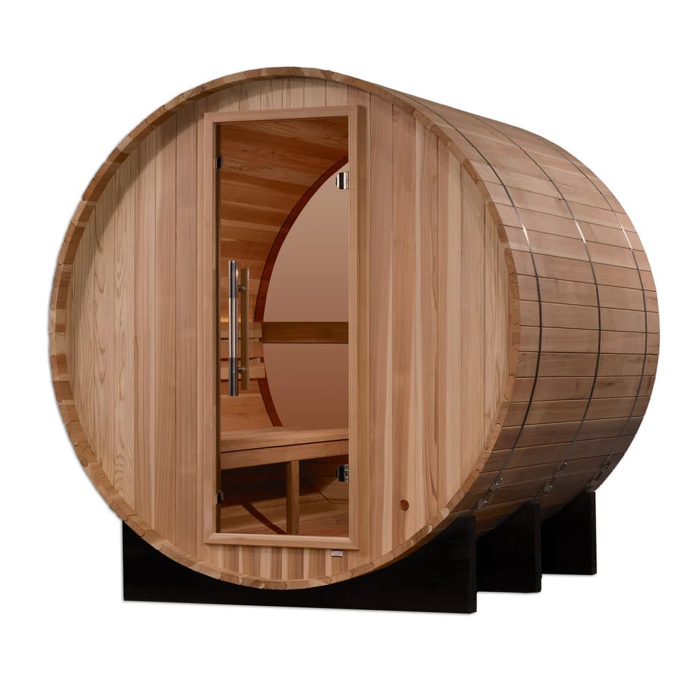 Acrylic Back Wall Golden Designs "Zurich" 4 person Barrel with Bronze Privacy View - Traditional Sauna - Pacific Cedar