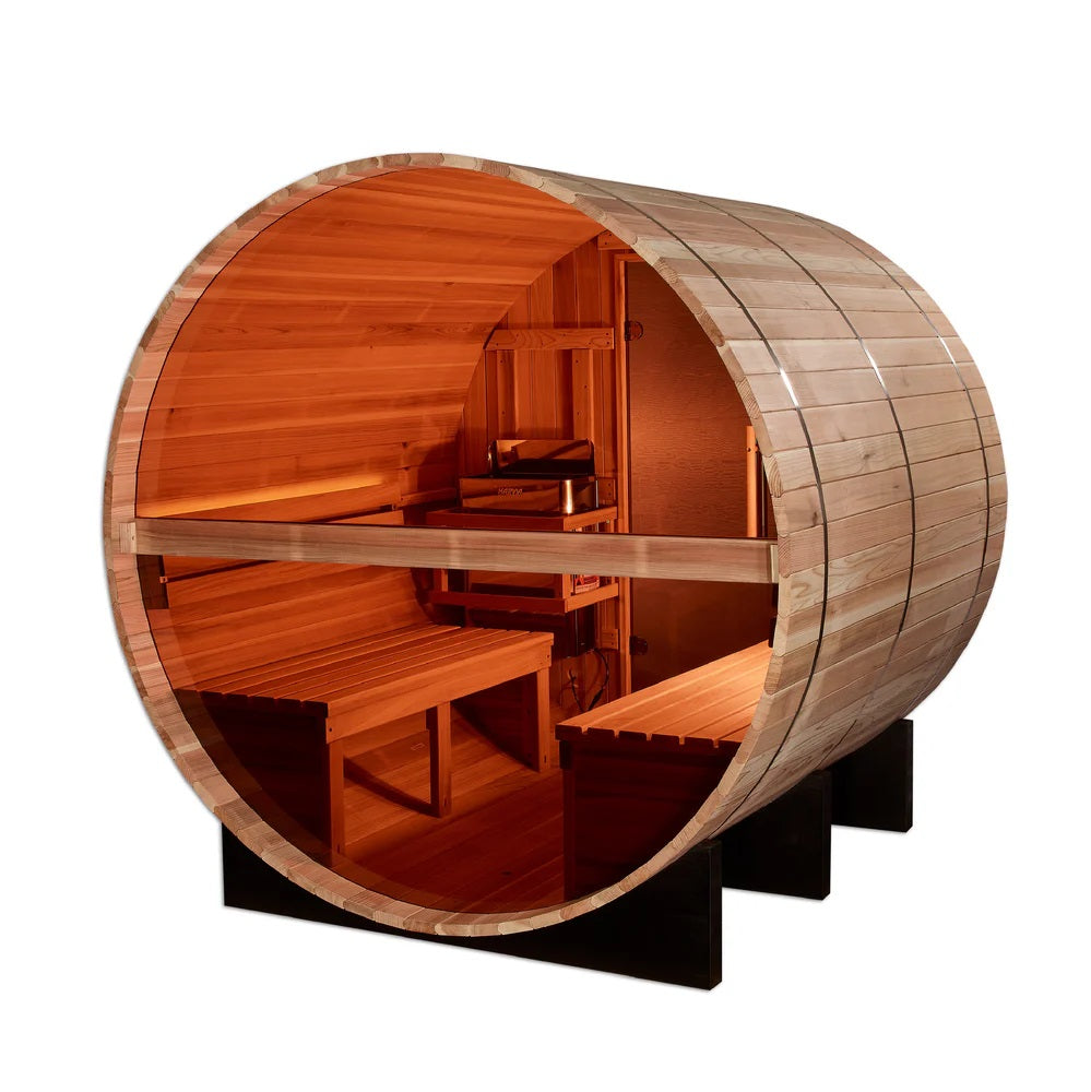 Acrylic Back Wall Golden Designs "Zurich" 4 person Barrel with Bronze Privacy View - Traditional Sauna - Pacific Cedar