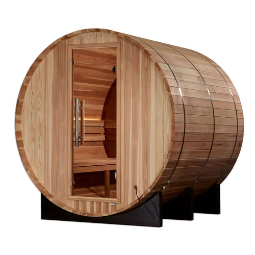 Acrylic Back Wall Golden Designs "Zurich" 4 person Barrel with Bronze Privacy View - Traditional Sauna - Pacific Cedar