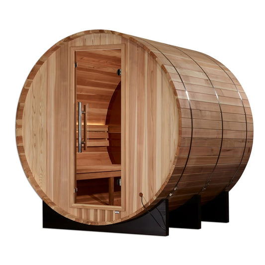 GDI-B024-01 Acrylic Back Wall Golden Designs "Zurich" 4 person Barrel with Bronze Privacy View - Traditional Sauna -  Pacific Cedar