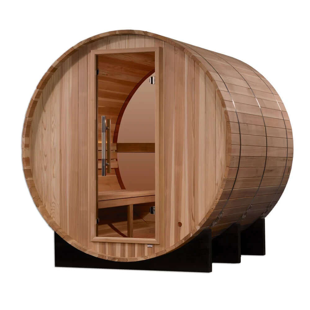 Acrylic Back Wall Golden Designs "Zurich" 4 person Barrel with Bronze Privacy View - Traditional Sauna - Pacific Cedar