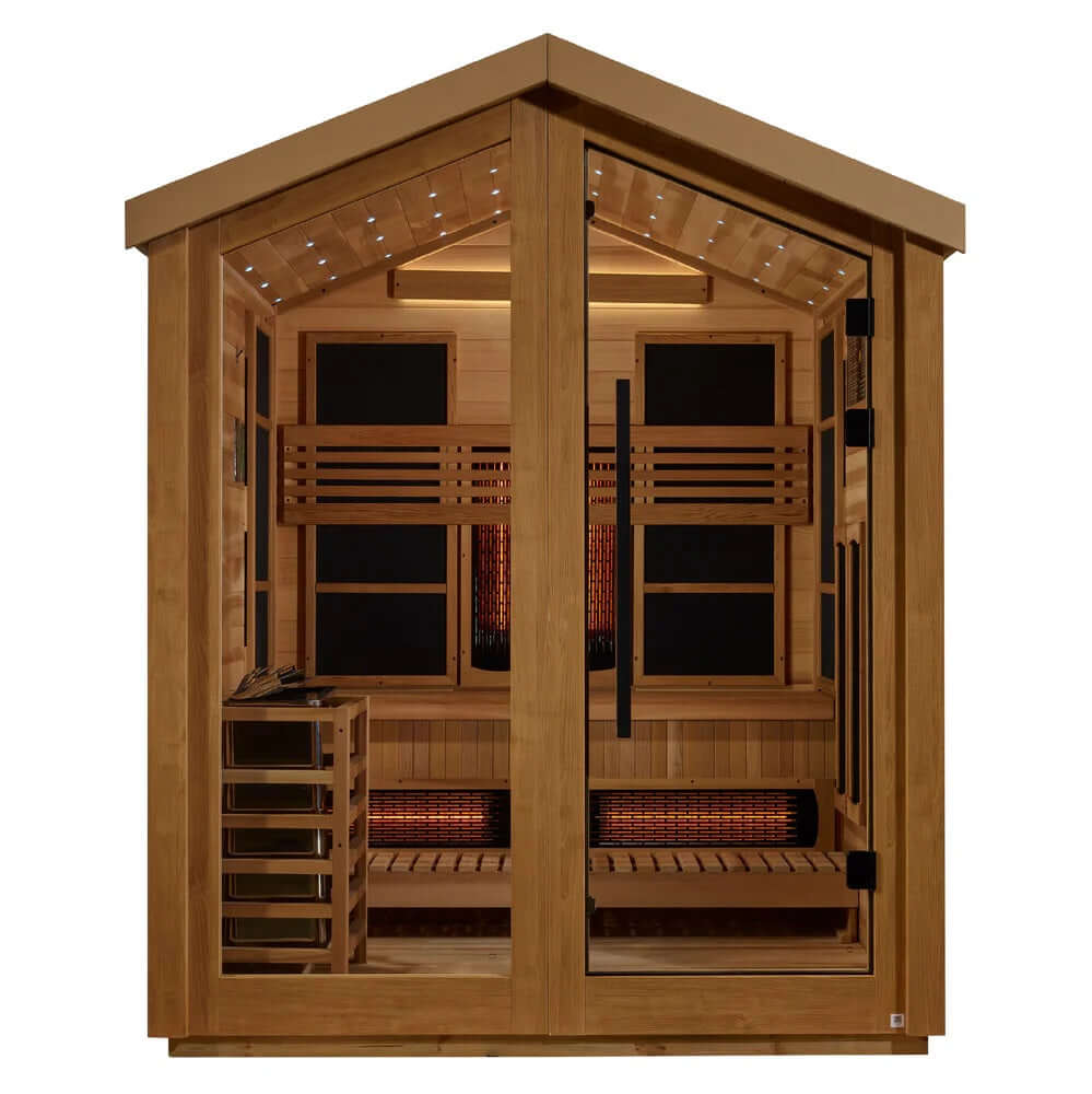 Golden Designs Loviisa 3 Person Hybrid (PureTech™ Full Spectrum IR or Traditional Stove) Outdoor Sauna - Canadian Red Cedar Interior