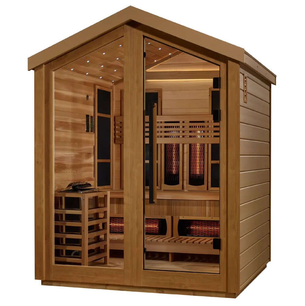 Golden Designs Loviisa 3 Person Hybrid (PureTech™ Full Spectrum IR or Traditional Stove) Outdoor Sauna - Canadian Red Cedar Interior