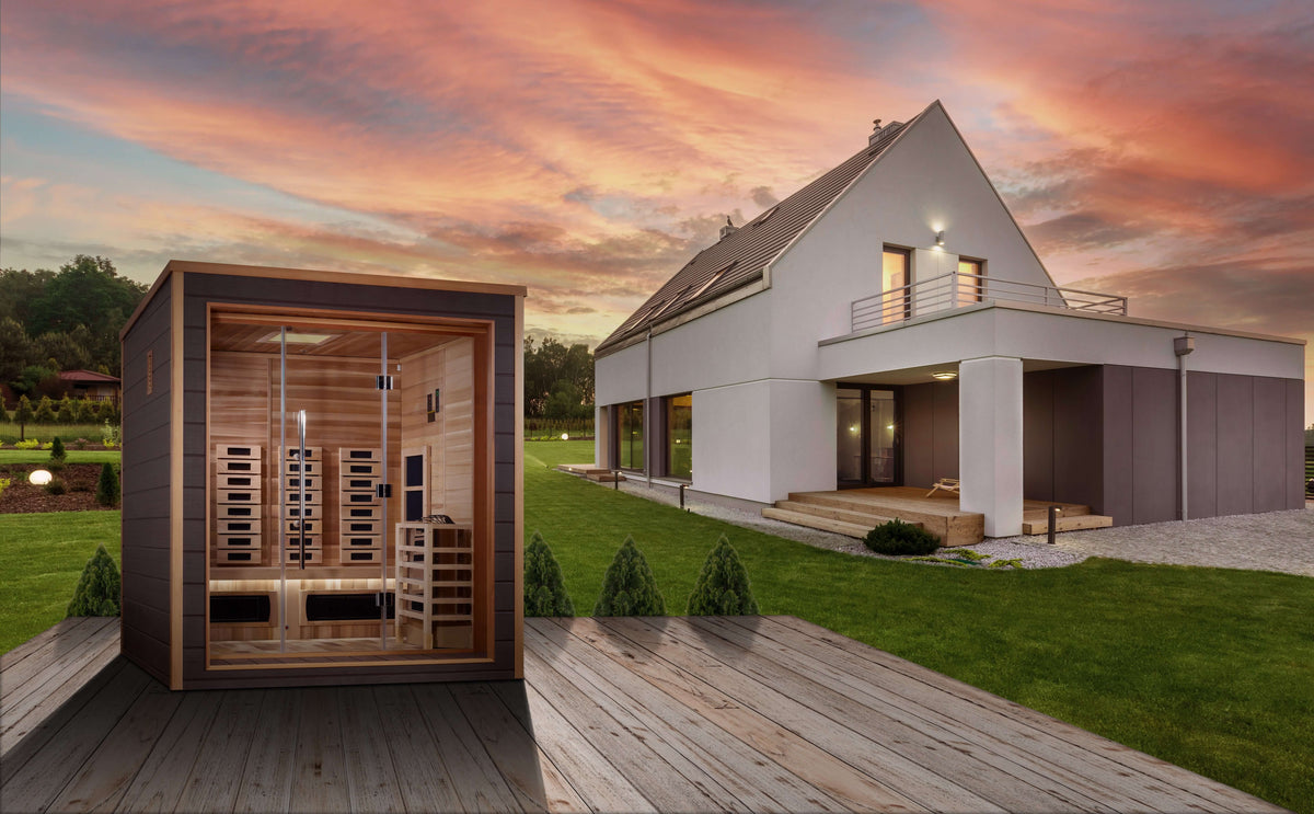 Golden Designs Visby 3 Person Hybrid (PureTech™ Full Spectrum IR or Traditional Stove) Outdoor Sauna - Canadian Red Cedar Interior