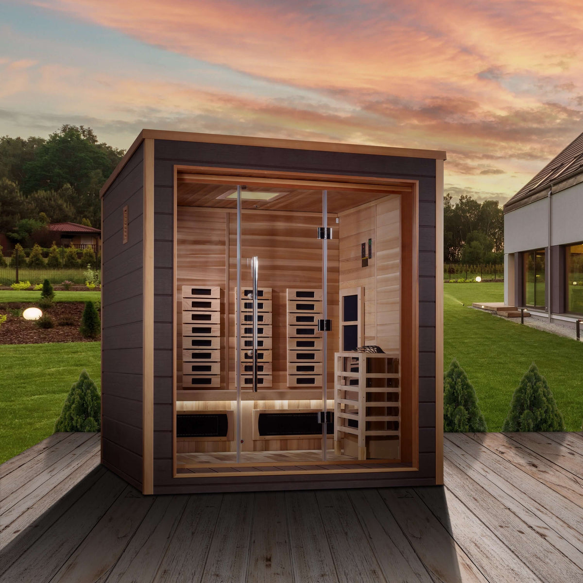 Golden Designs Visby 3 Person Hybrid (PureTech™ Full Spectrum IR or Traditional Stove) Outdoor Sauna - Canadian Red Cedar Interior