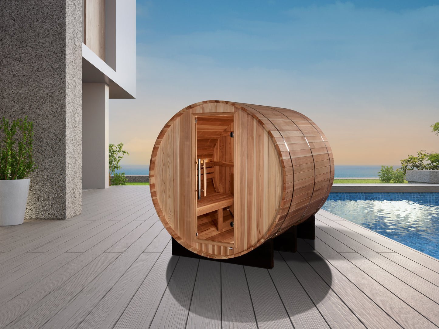 GDI-B004-01 Golden Designs "Arosa" 4 person Barrel Traditional Sauna -  Pacific Cedar