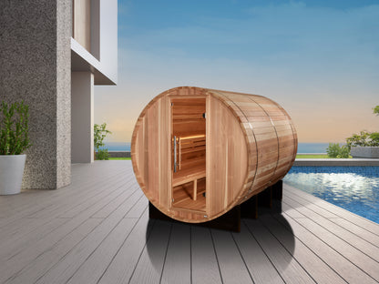 GDI-B006-01 Golden Designs "Klosters" 6 person Barrel Traditional Sauna -  Pacific Cedar