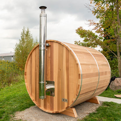 Leisurecraft side-exit chimney installed on a barrel sauna