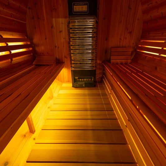 Leisurecraft Saunalumin double-bench lighting installed in a sauna