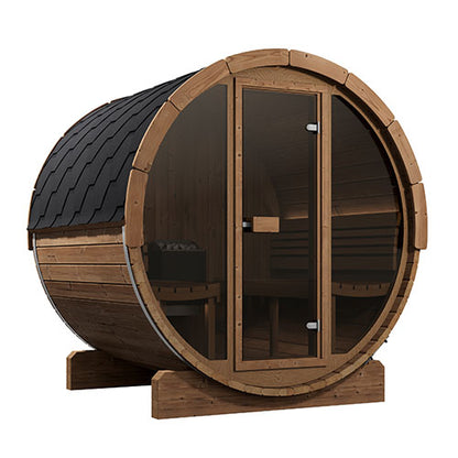 SaunaLife E7G Ergo Outdoor Barrel Sauna with Glass Front – 4-Person