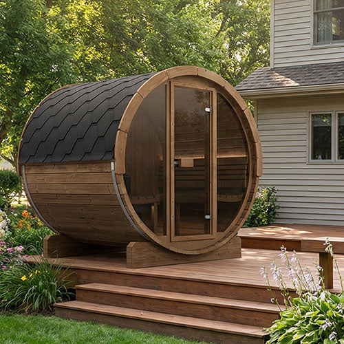 SaunaLife E7G glass-front outdoor barrel sauna alternate product view 1