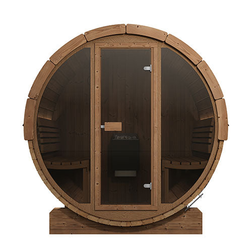 SaunaLife E7G glass-front outdoor barrel sauna alternate product view 2