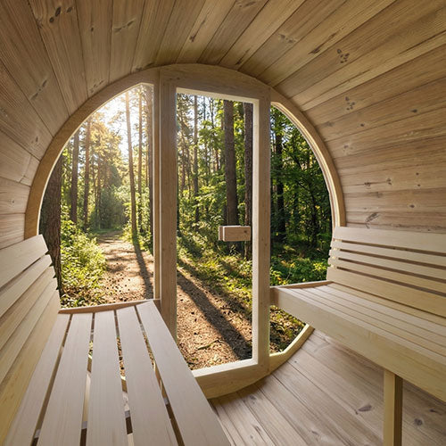 SaunaLife E7G glass-front outdoor barrel sauna alternate product view 6