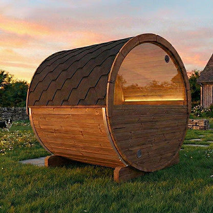 SaunaLife E7W outdoor barrel sauna alternate exterior view