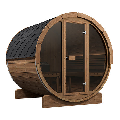 SaunaLife E8G Ergo Outdoor Barrel Sauna with Glass Front – 6-Person