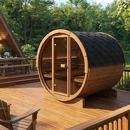 SaunaLife E8G glass-front outdoor barrel sauna alternate product view 1