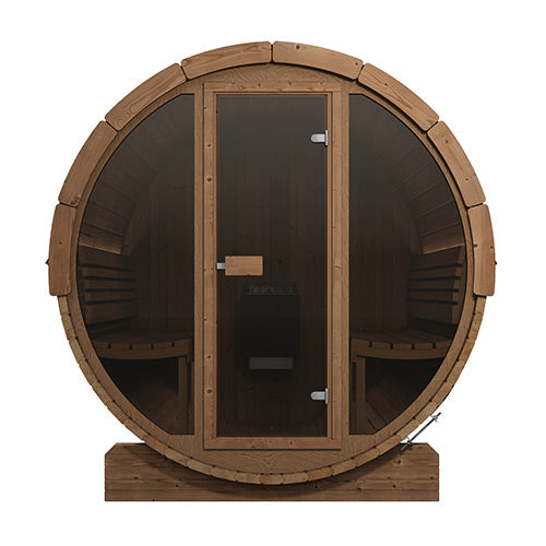 SaunaLife E8G glass-front outdoor barrel sauna alternate product view 2