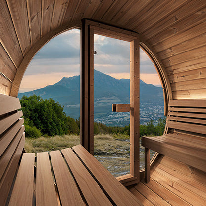 SaunaLife E8G glass-front outdoor barrel sauna alternate product view 6