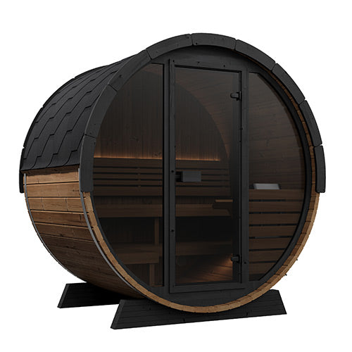 SaunaLife EE6G Ergo Elegance Outdoor Barrel Sauna with Glass Front – 4-Person