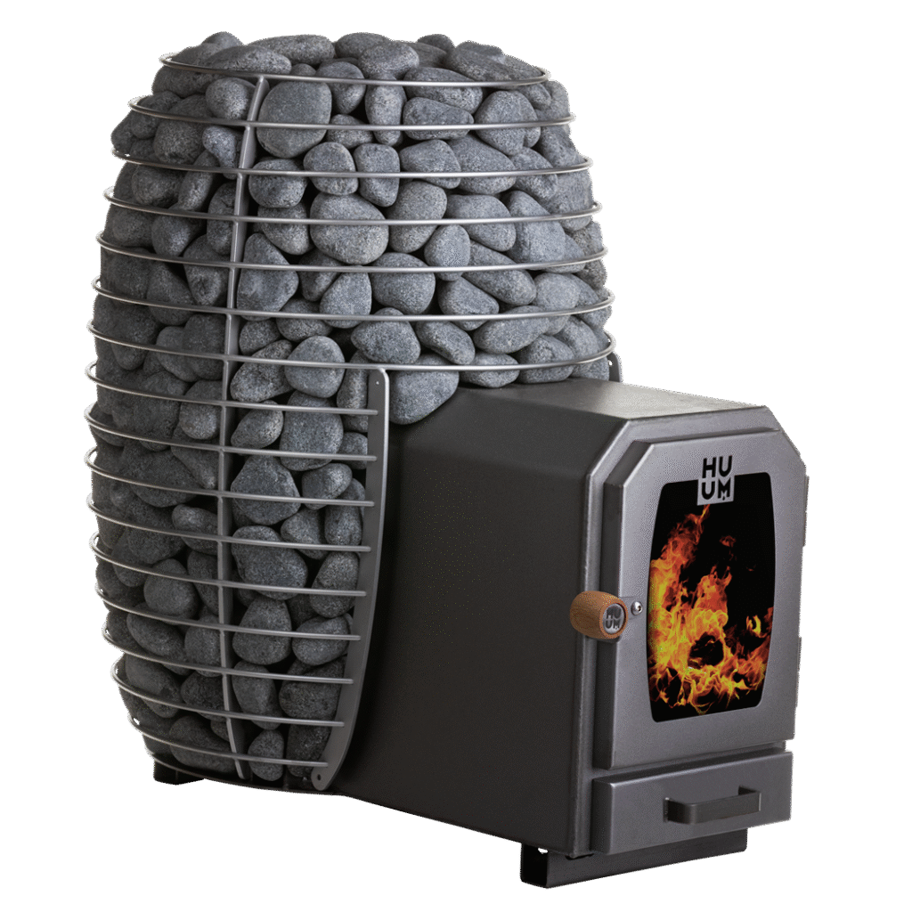 HUUM HIVE Wood 17 LS wood-burning sauna stove angled view with extended firebox