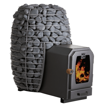 HUUM HIVE Wood 17 LS wood-burning sauna stove angled view with extended firebox